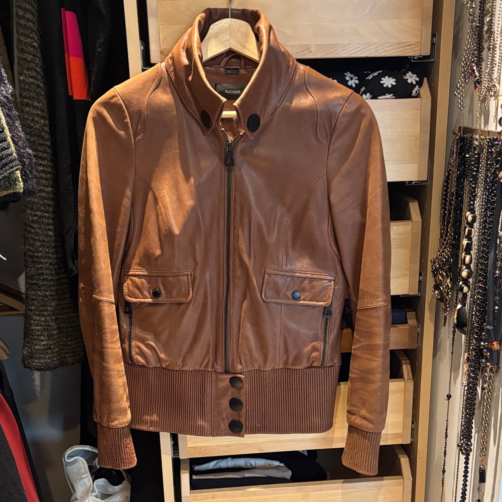 RUDSAK Tan Leather Bomber Jacket